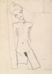 Staand vrouwelijk naakt voor geometrische vormen